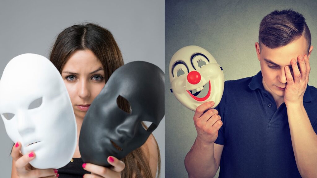 A person removing a mask, symbolizing letting go of performance and disguises to reveal authentic self.