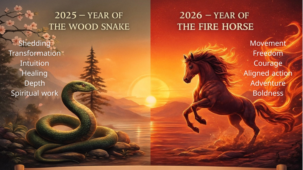 2025 Year of the Wood Snake and 2026 Year of the Fire Horse symbolizing transformation, shedding, and forward momentum